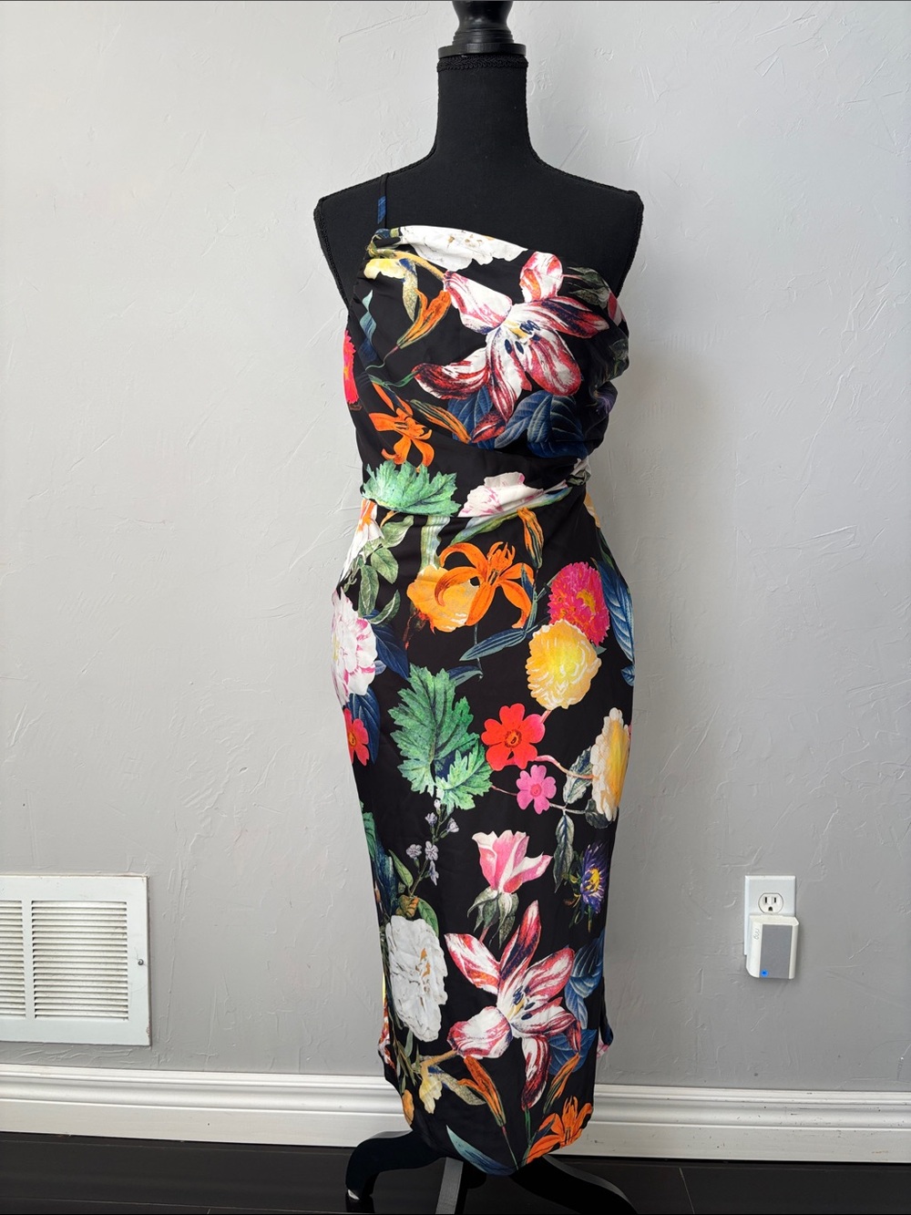 Guess Black Floral Slip Dress with Vibrant Yellow & Green Print